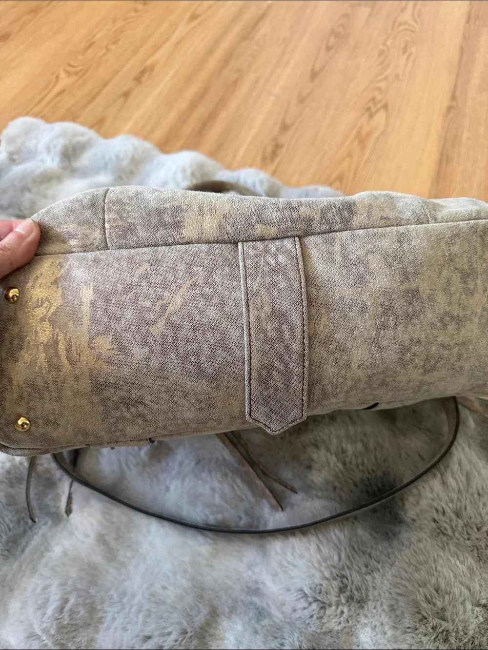 Aimee Kestenberg Taupe Suede Satchel with Gold Hardware